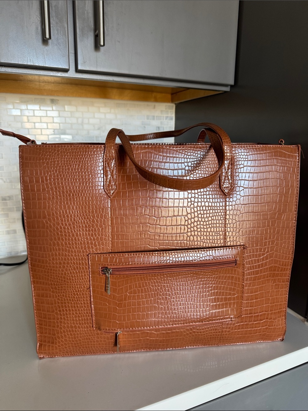 BEIS Croc-Embossed Laptop Tote in Cognac
